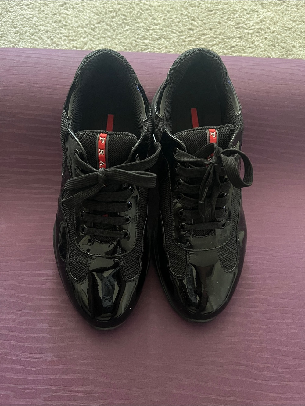 Prada Black Patent & Mesh Men’s Sneaker with Red Logo Tab